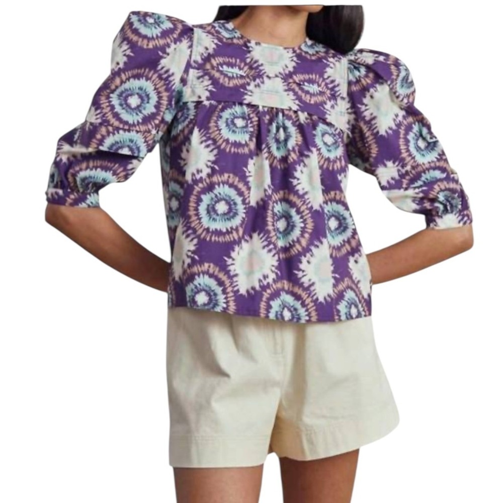 Hunter Bell Lydia London Rain top Purple tye dye Puff Sleeve Babydoll size xs‎